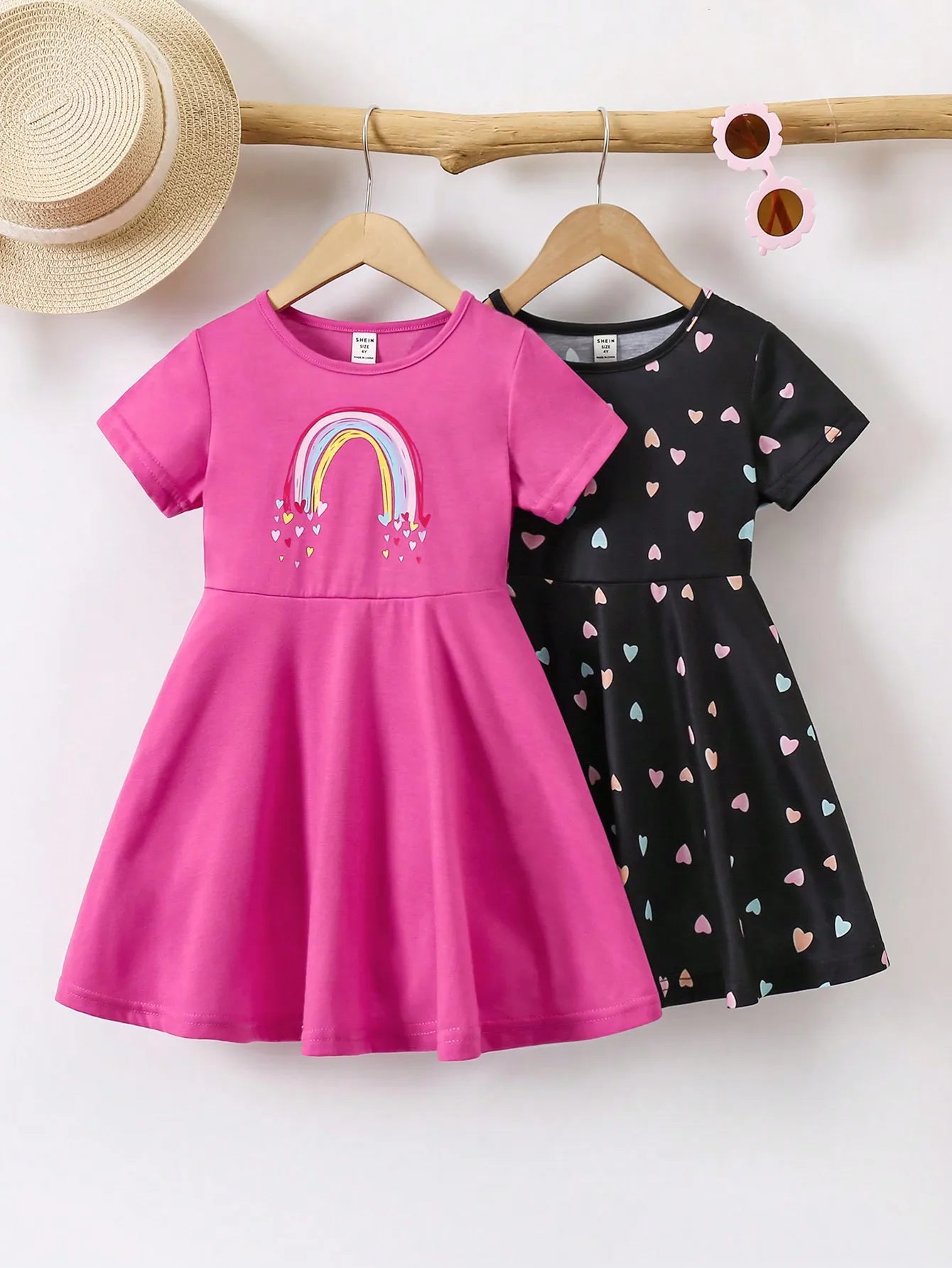 2-Pack Girls Short Sleeve A-Line Dresses with Rainbow & Heart Prints for Summer Casual Wear
