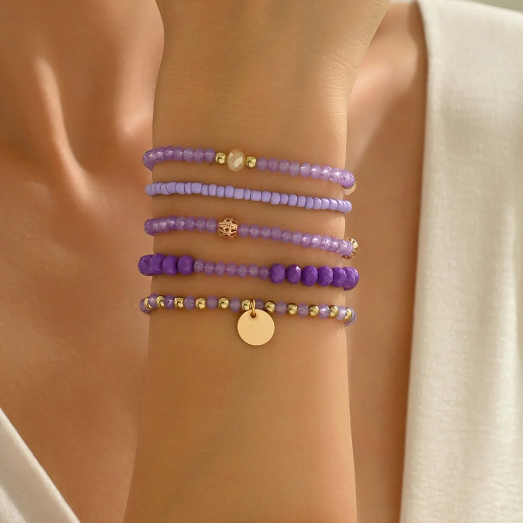 5 Piece Mixed Bead Bracelet Set, Alloy Pendant & Resin Crystal Stretch Bracelets, Fashion Stackable Jewelry for Women