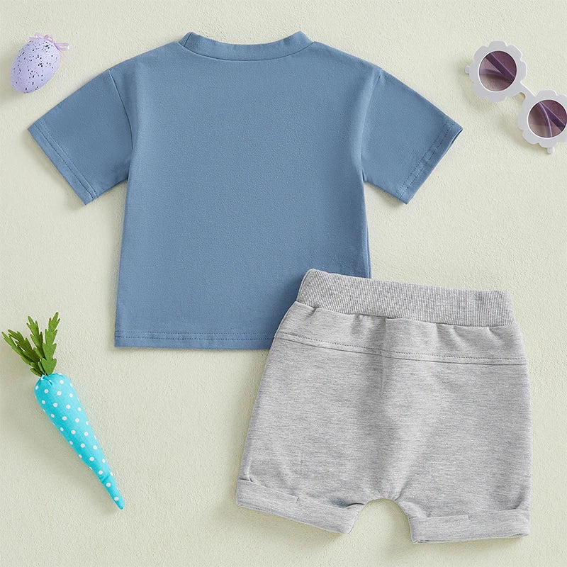 Boys Easter Outfit Set with Short Sleeve O Neck Bunny Print Top and Solid Color Shorts - Holiday Clothing for Kids