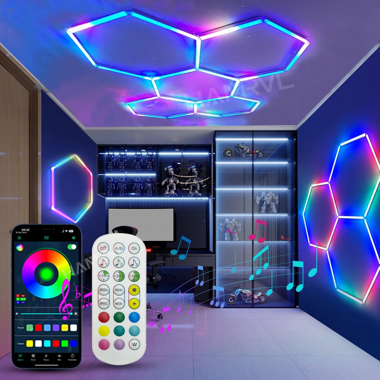 RGB Hexagon LED Decor for Gaming ambient light Sound pickup Color Change lighting Gym Room Party Club Wall Panel Garage Ceiling