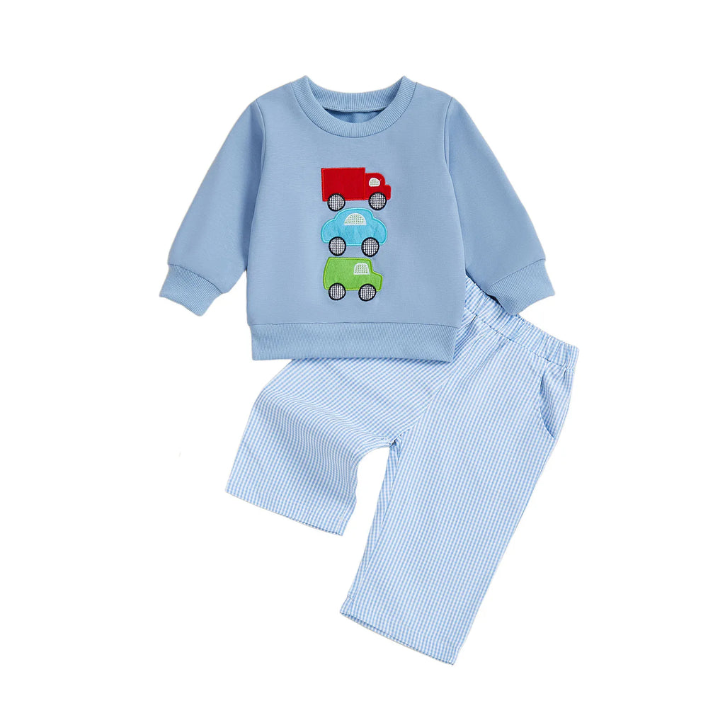 Adorable Infant Boys Outfit Stylish Car Embroidered Sweater with Plaid Trousers 2-Piece Set for Fall Fashion