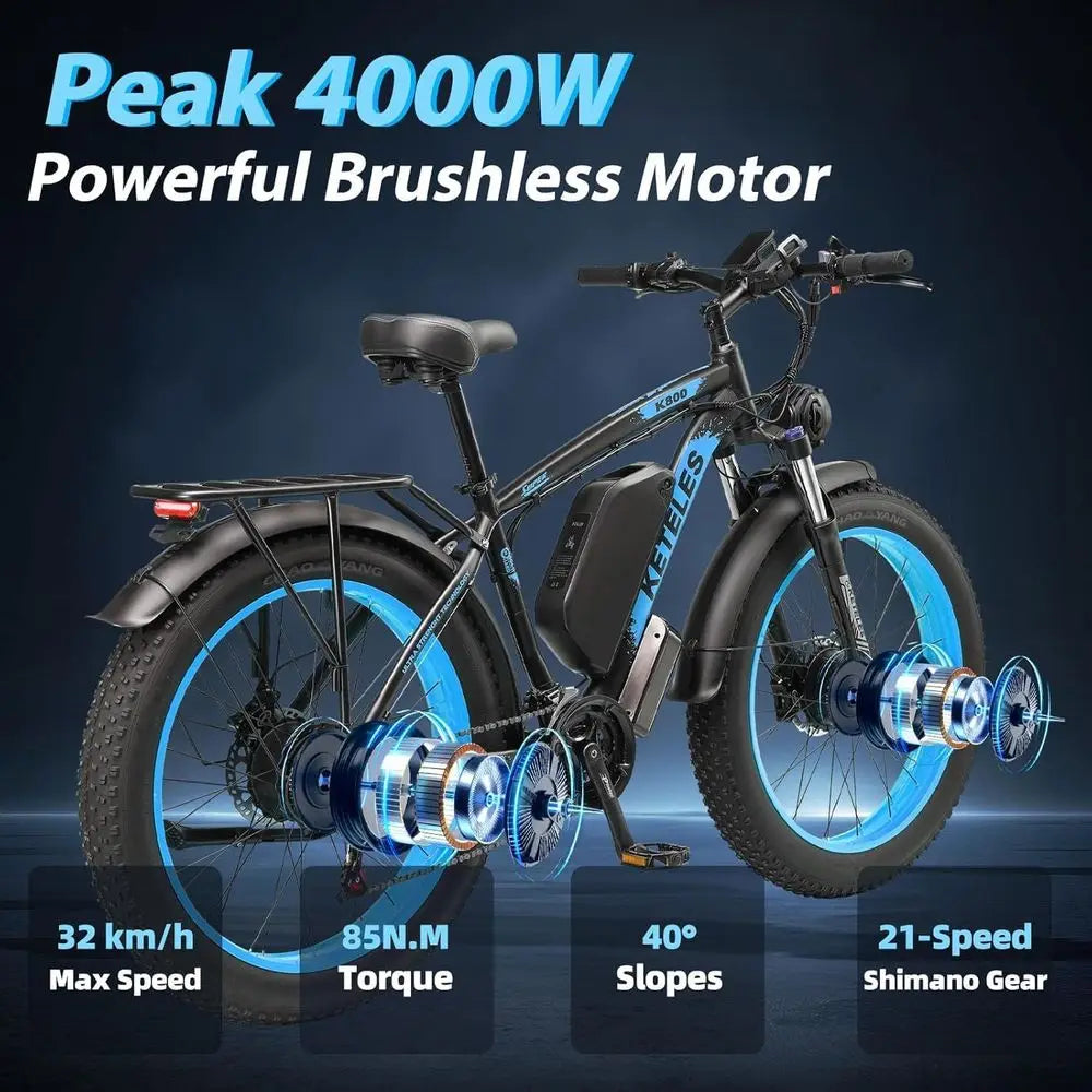 Electric Bike or Adults, AWD Ebike Dual Motor 4000W Peak, 26'' at Tire Ebikes with 48V 22.4AH Battery Hydraulic Disc Brake Ele