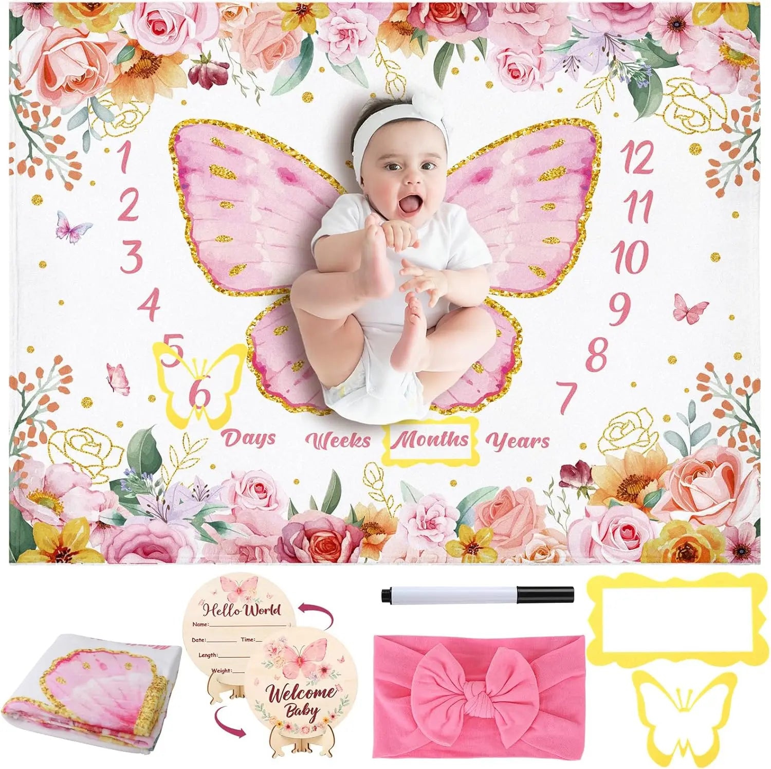 Butterfly Floral Baby Milestone Blanket with Wooden Signs and Headband for Newborn Photography