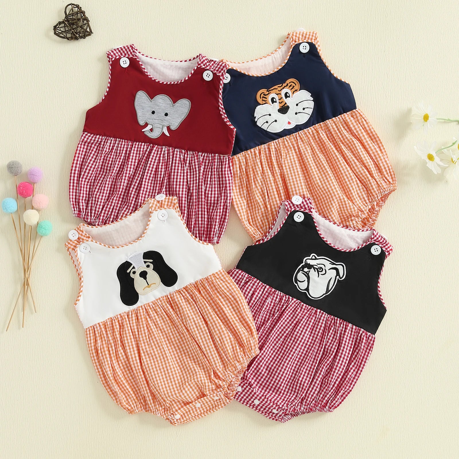 Baby Boy Summer Romper Overalls Animal Embroidery Plaid Print Sleeveless Round Neck Jumpsuit