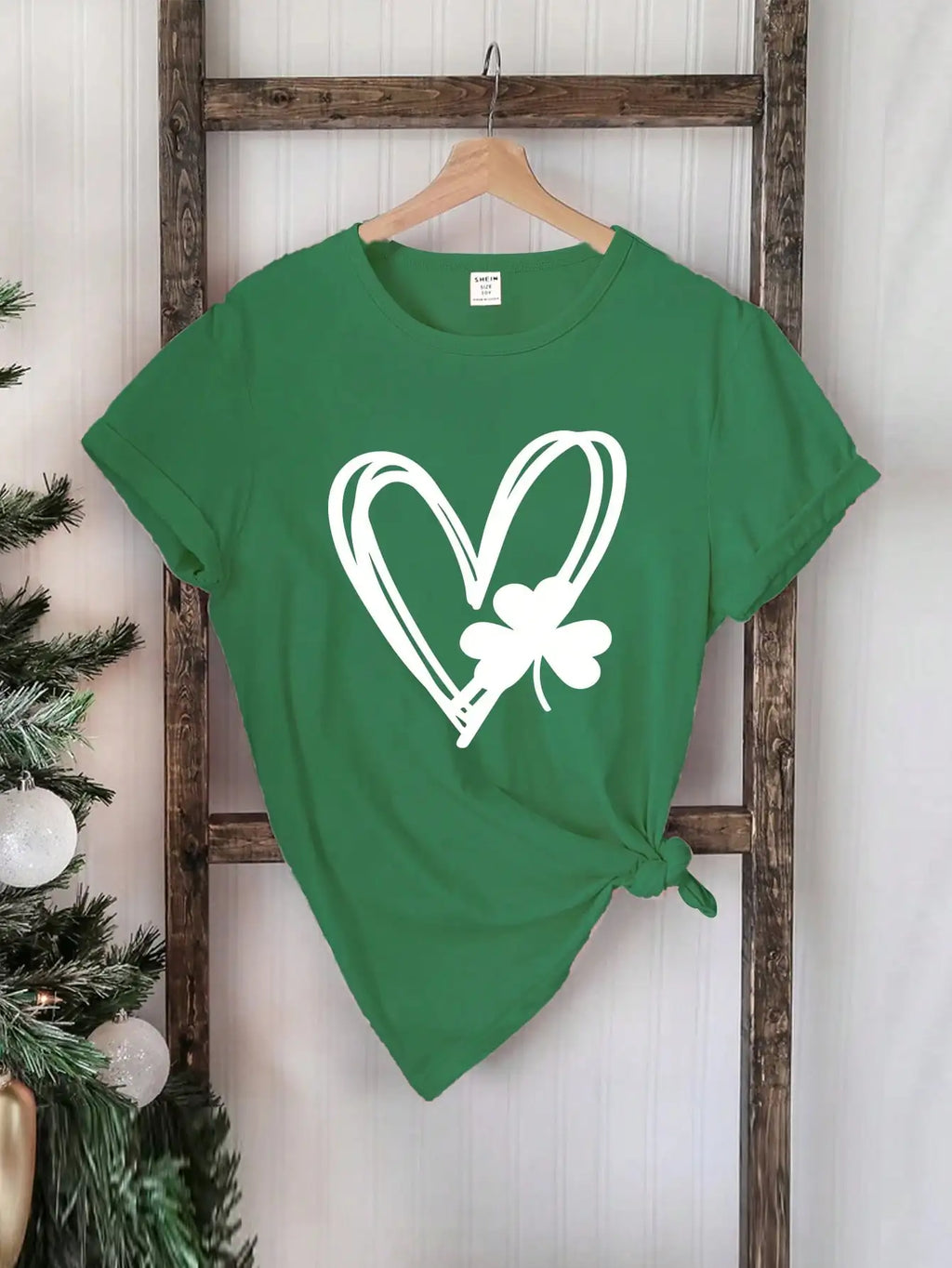 Girls Green Short Sleeve T-Shirt with White Heart and Clover Graphic