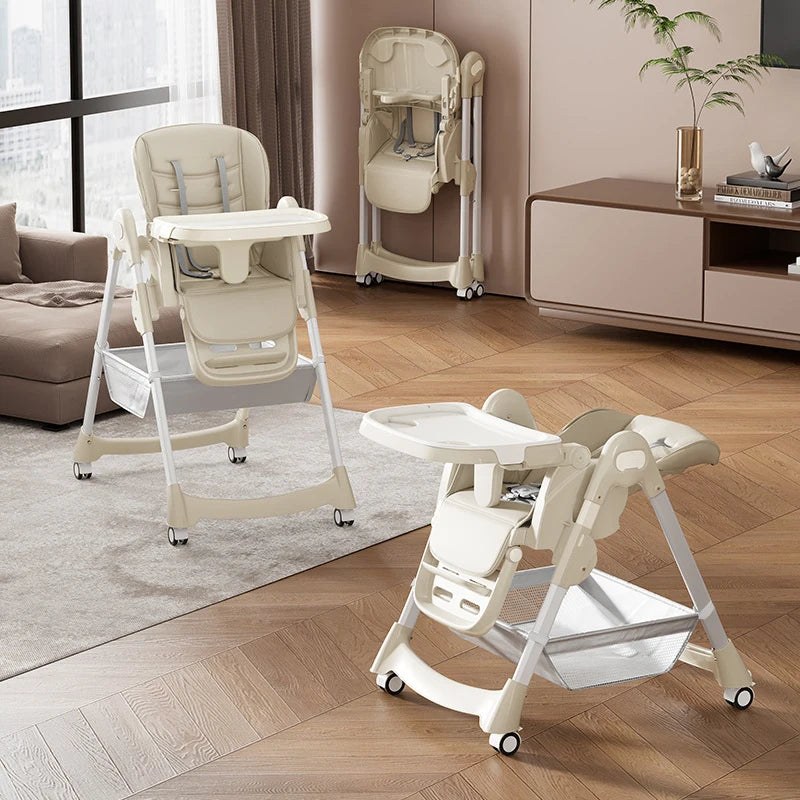 Foldable High Chair for Babies & Toddlers, PU Leather Highchair with Adjustable Backrest, 5-Point Safety Harness & Locking Wheel