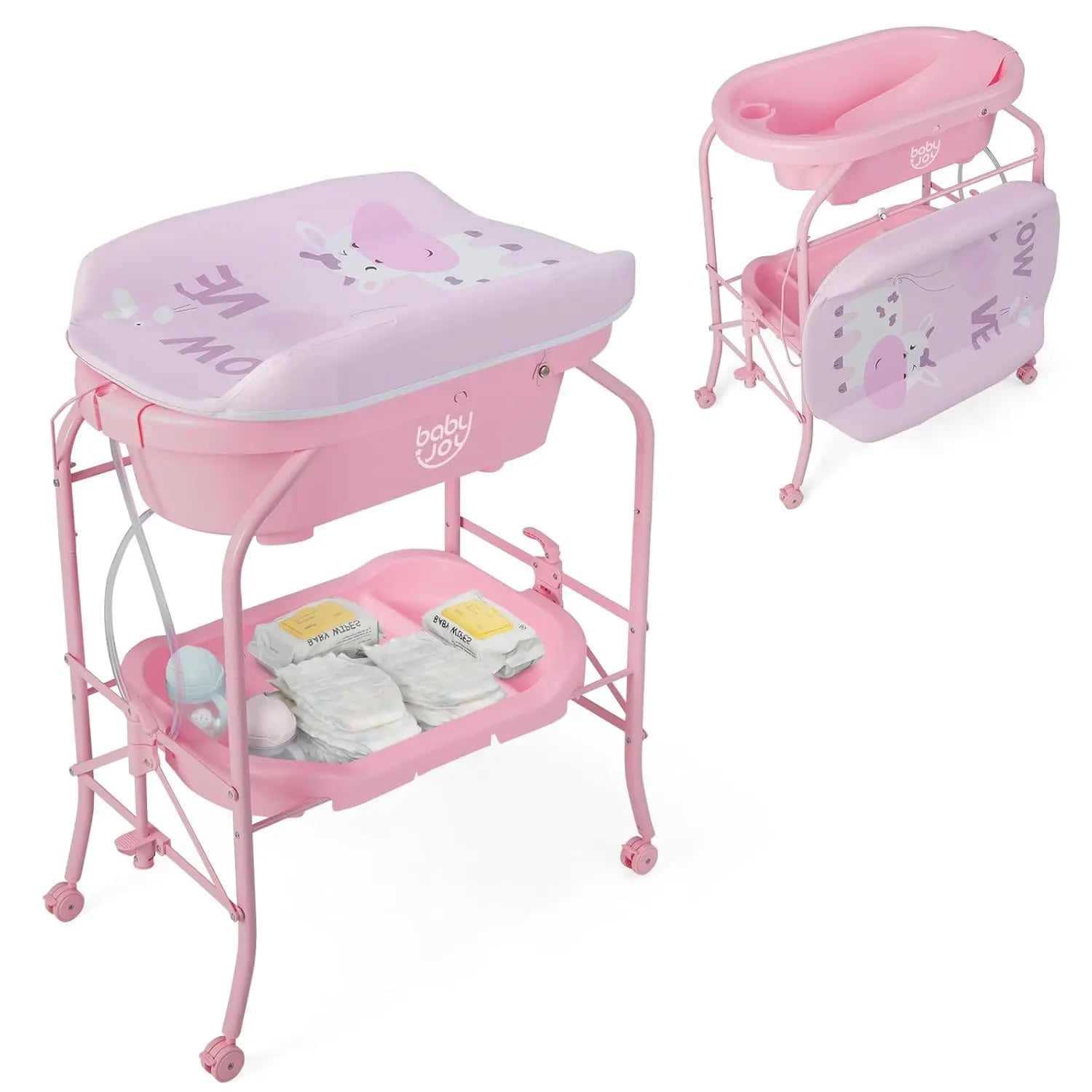 Baby Bathtub with Changing Table, Foldable Infant Diaper Changing Station with Storage Tray, Waterproof Pad, Portable Newbo