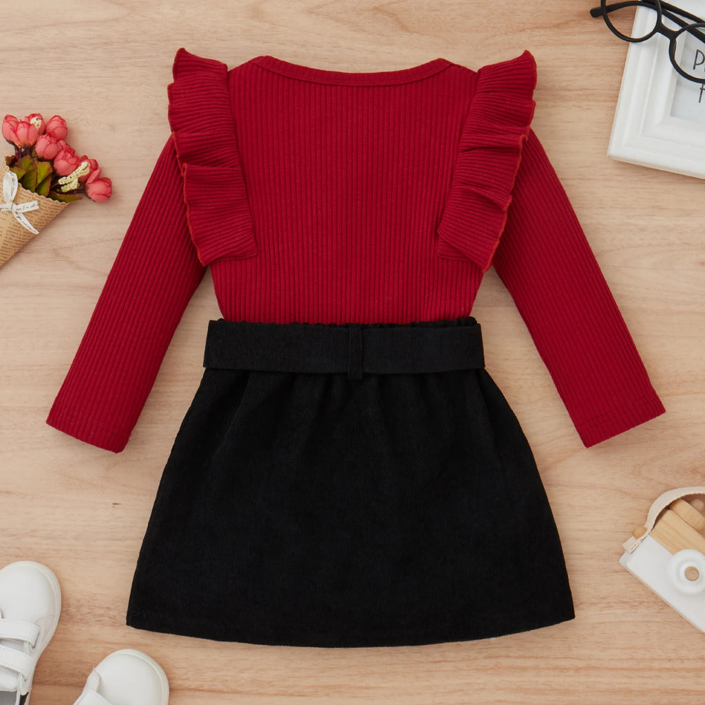 Spring Kids Girls Outfit Solid Color Lace Long Sleeve Tops + Button Short Skirt Belt Autumn Clothes Set