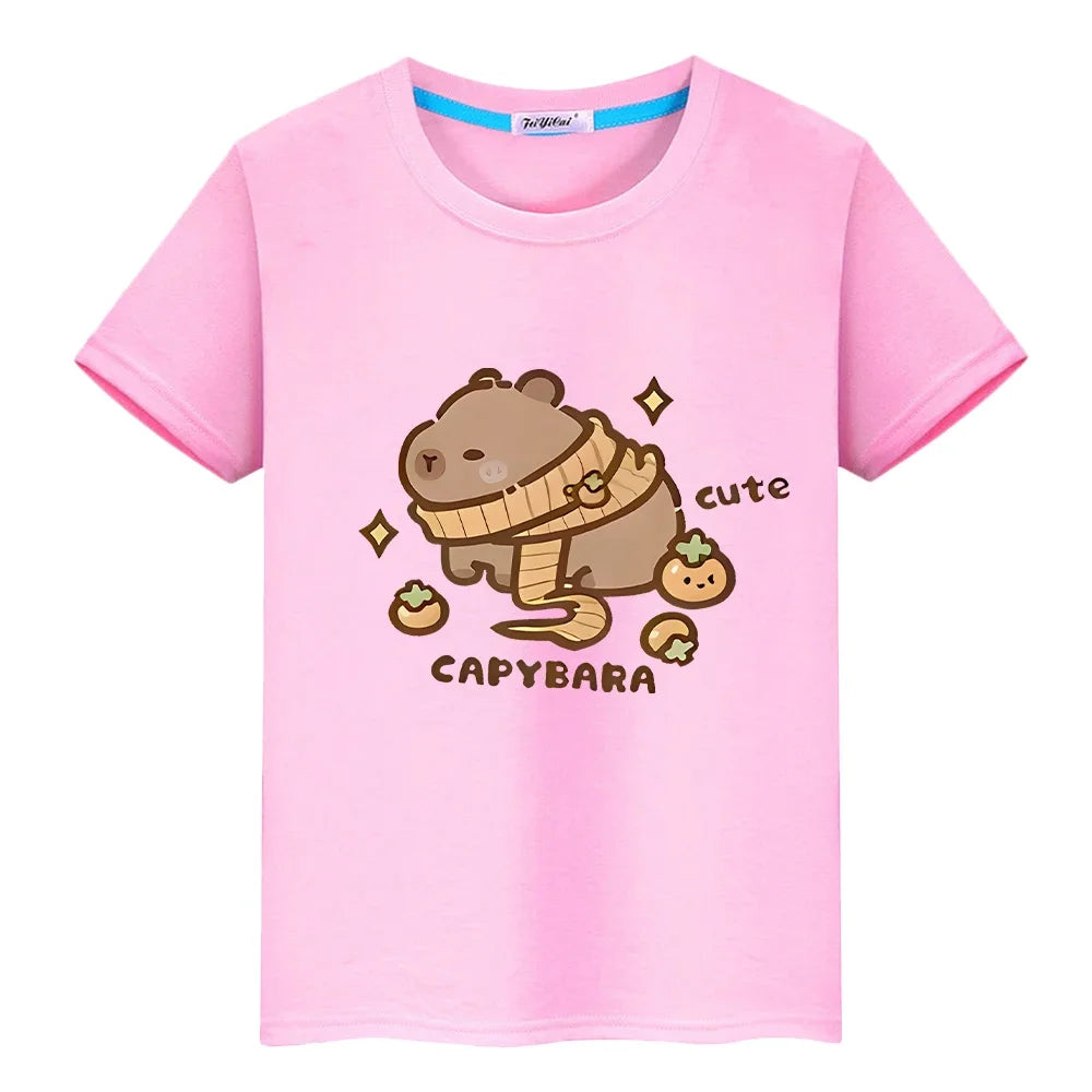 Capybara print t shirt for kids boy 10year Short y2k one piece 100%Cotton Cute Tees Kawaii Tops pride t shirt girl clothes