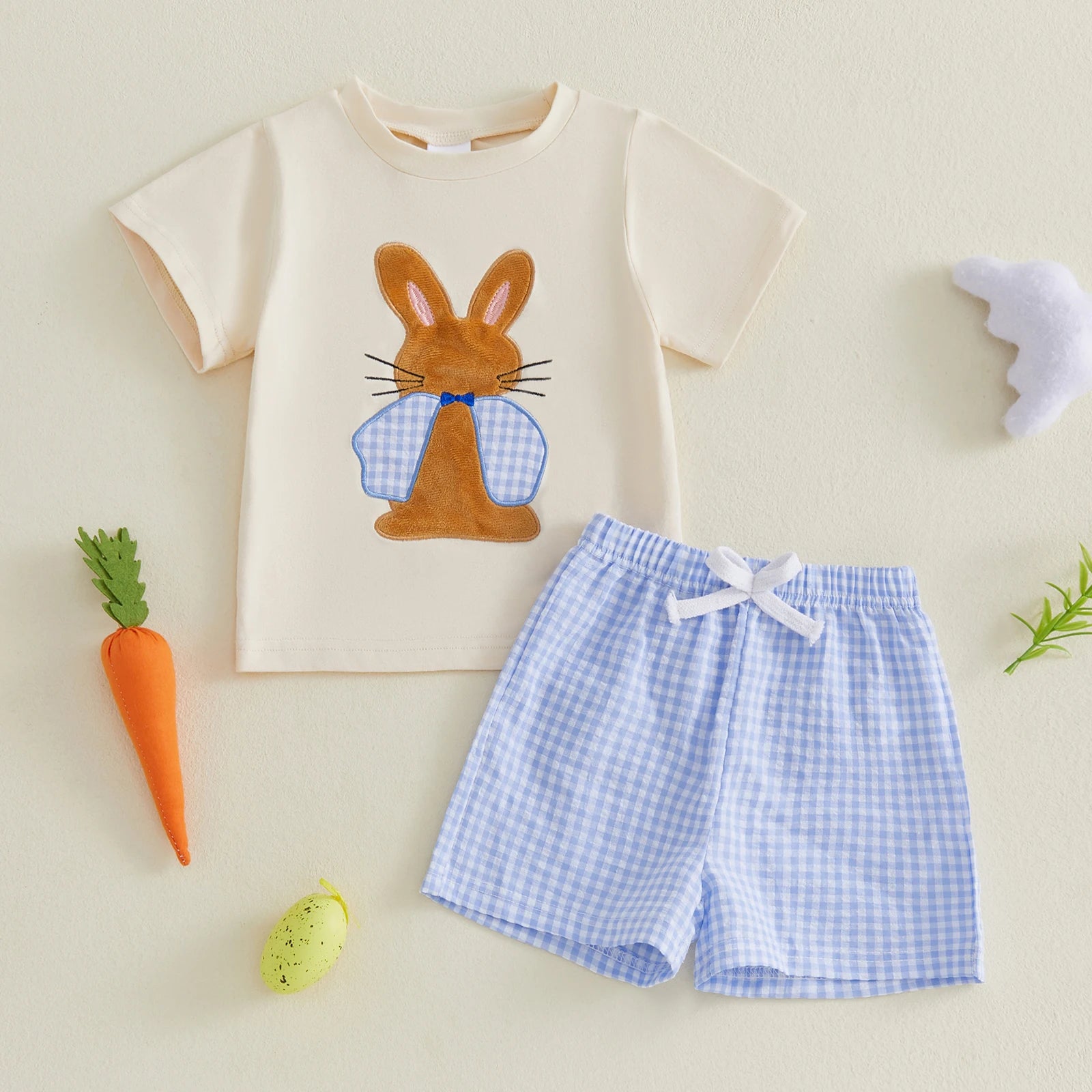 Cute Toddler Boys Easter Clothes Bunny Applique Short Sleeve Tee and Checkered Shorts Set for Spring Outfits