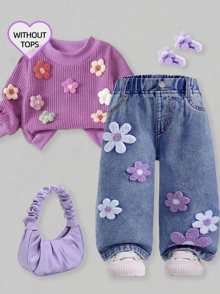 Toddler Girl Denim Pants with Crochet Flower Applique, Loose Fit Blue Jeans for Spring Fall