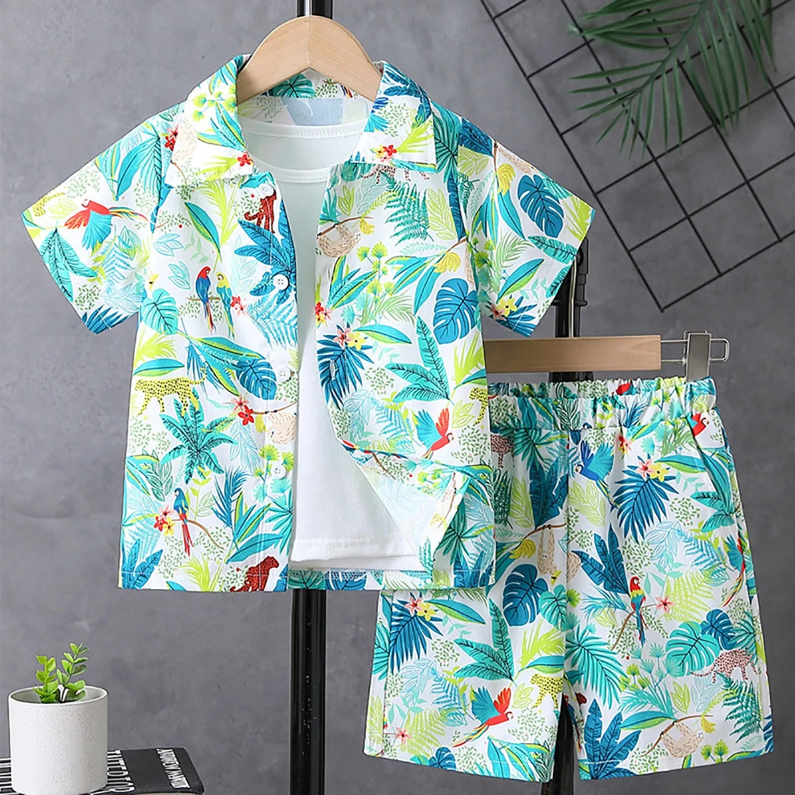 Boys Summer Beach Short Sleeved Lapel Cardigan Top Shorts Set Children Floral Shirt Shorts Children'S Baby Clothing Sets