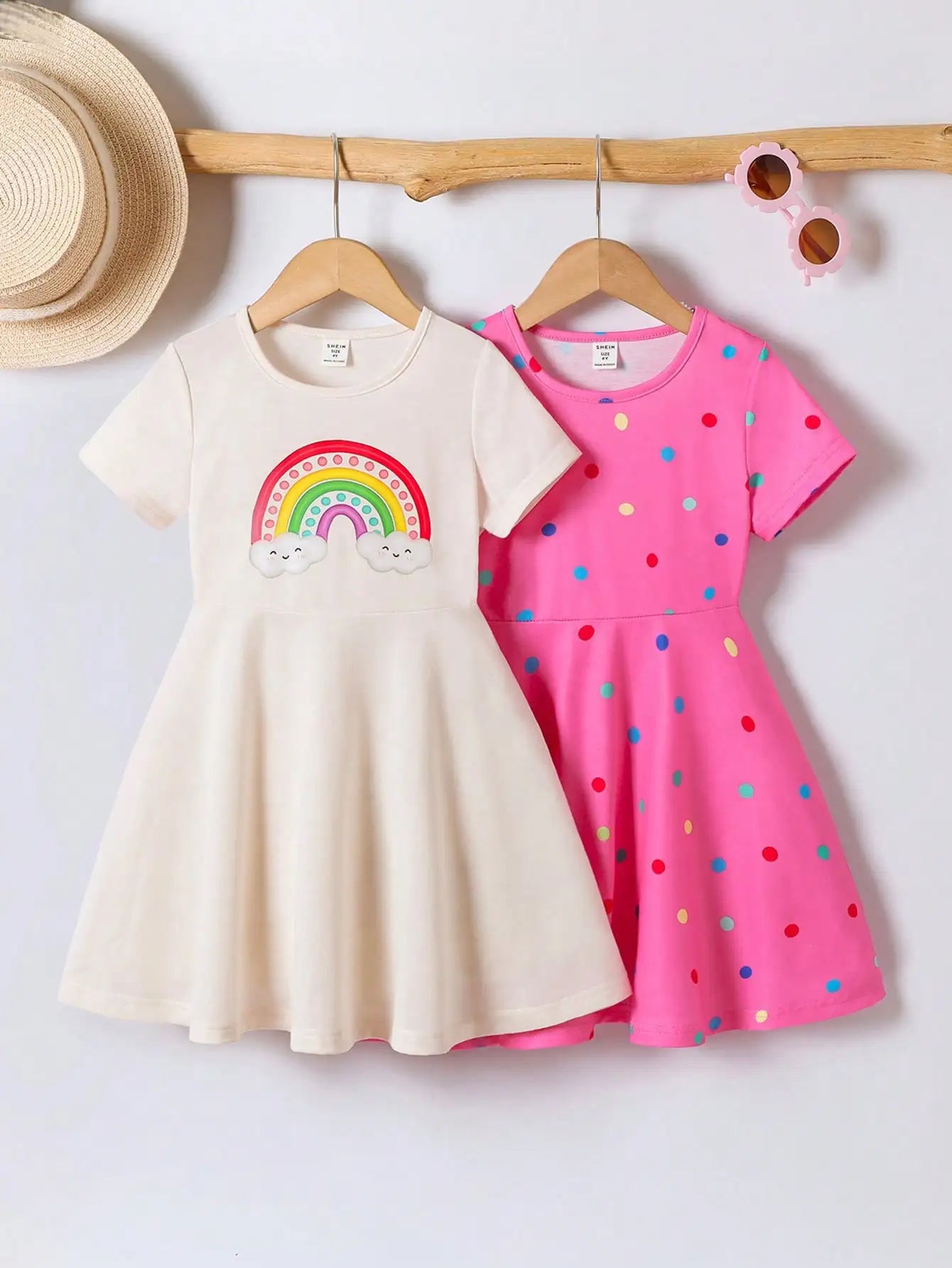 2-Pack Girls Short Sleeve A-Line Dresses with Rainbow & Heart Prints for Summer Casual Wear