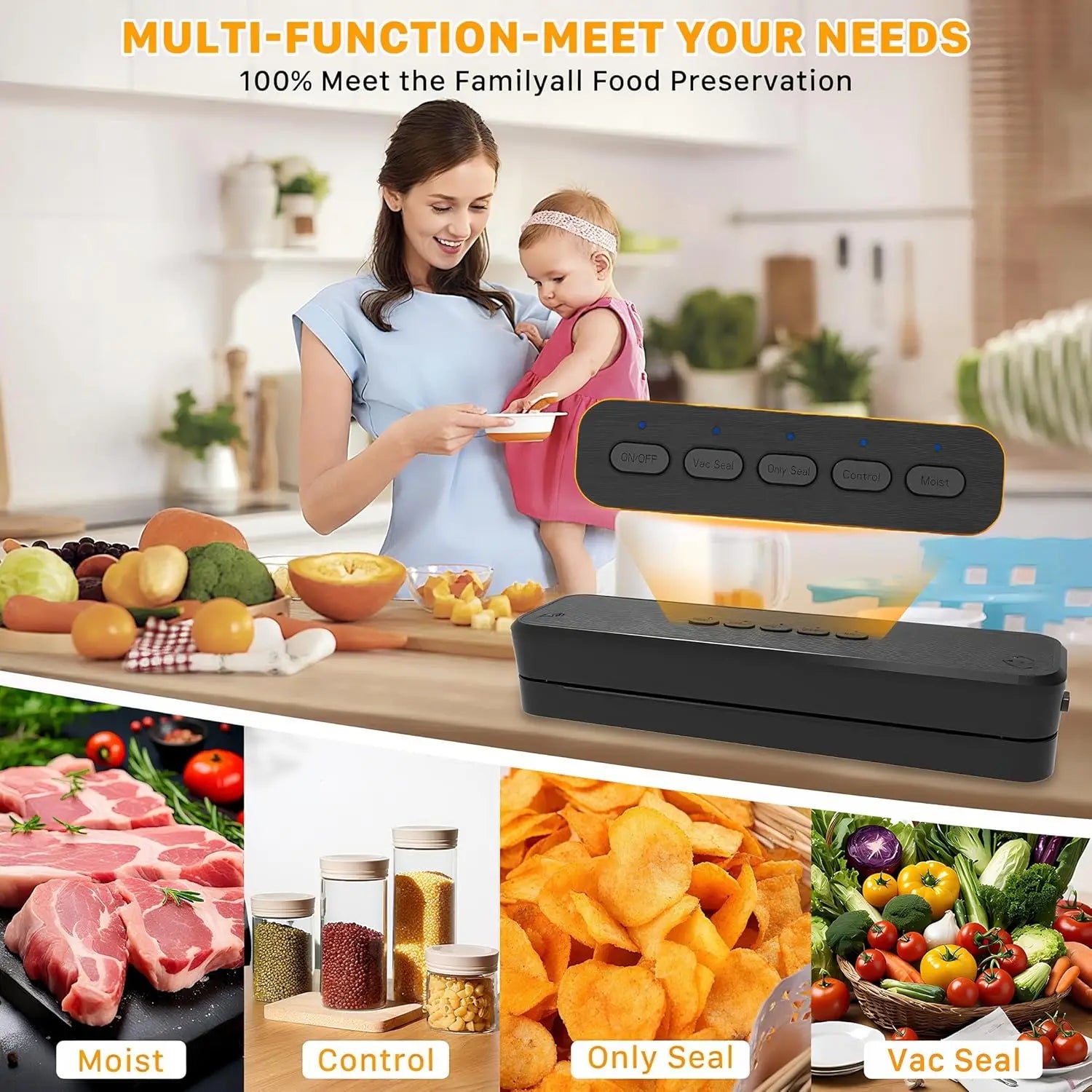 Fast-Compact/Multi-Functional Vacuum Sealer for Food with Starter Kites,
