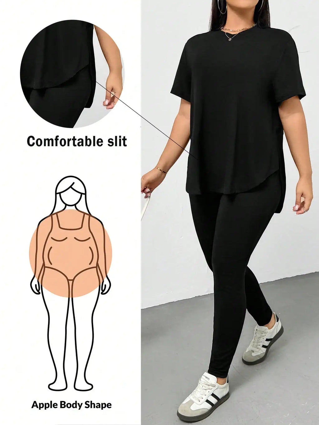 Plus Size Black 2-Piece Set: Comfortable Slit T-Shirt & Leggings for Streetwear, Summer Outfits.