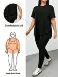 Plus Size Black 2-Piece Set: Comfortable Slit T-Shirt & Leggings for Streetwear, Summer Outfits.