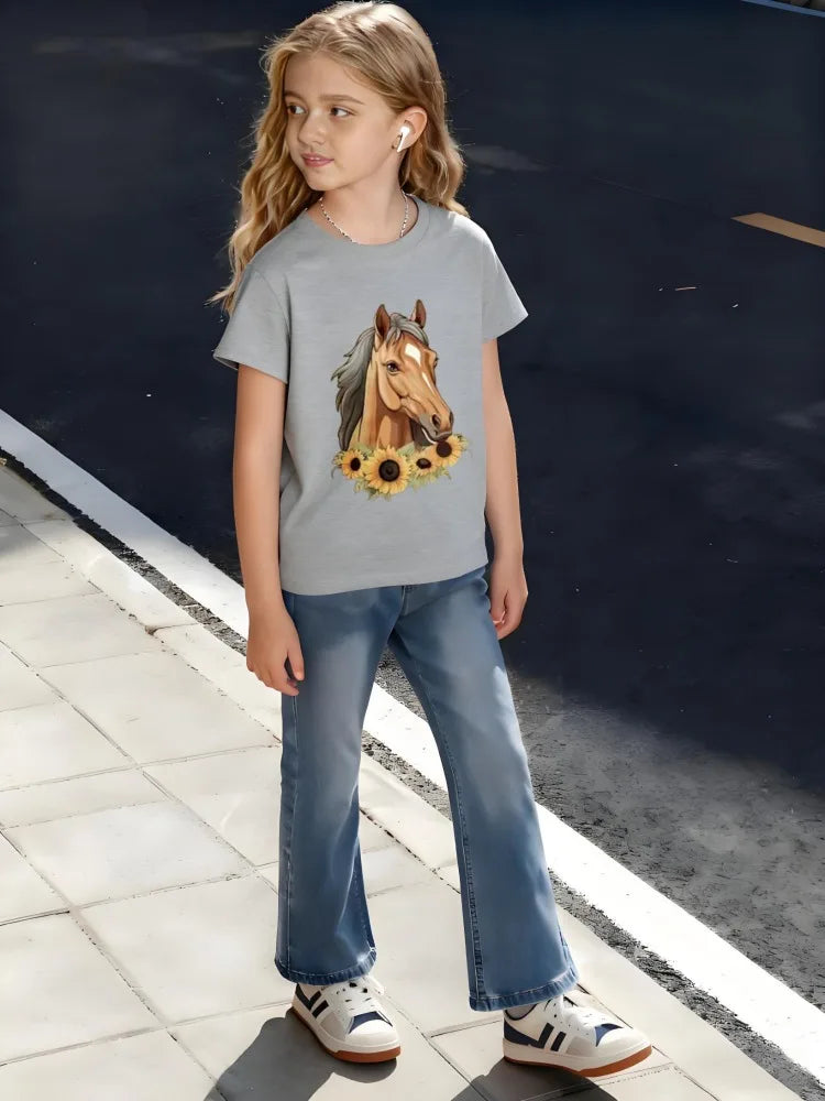 Kids Children's Cotton T-Shirt Grazing Horse with Sunflower Field Background for Boys Girls, Country Style