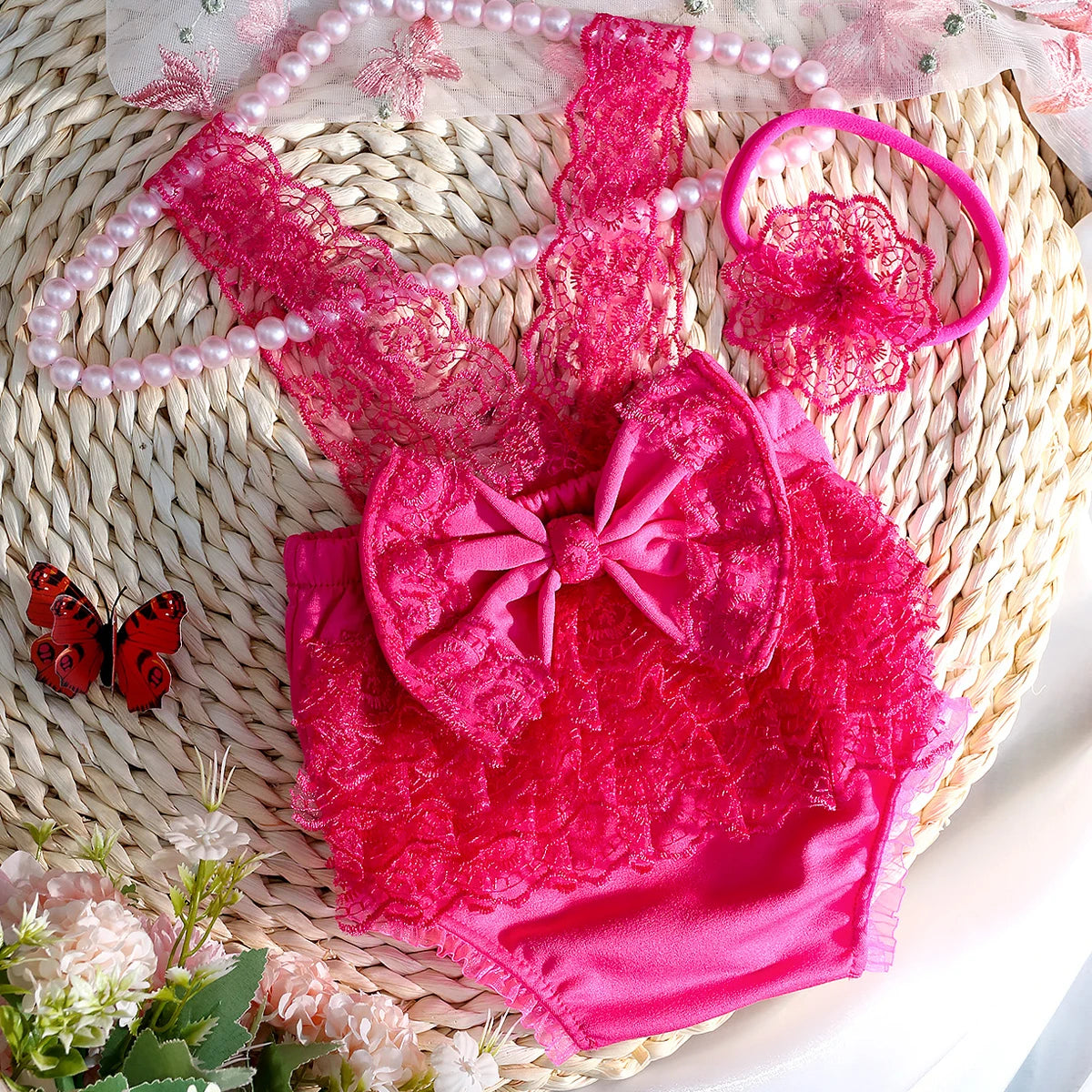 Newborn Photography Lace Romper Set  Photo Shoot Outfits with Bow Headband for Baby Girl Picture Ideas