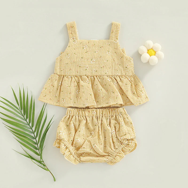 Summer Infant Baby Girl Outfits Suit Plaid Pattern Floral Printed Bowknot Suspender Tops Shorts Clothes Set