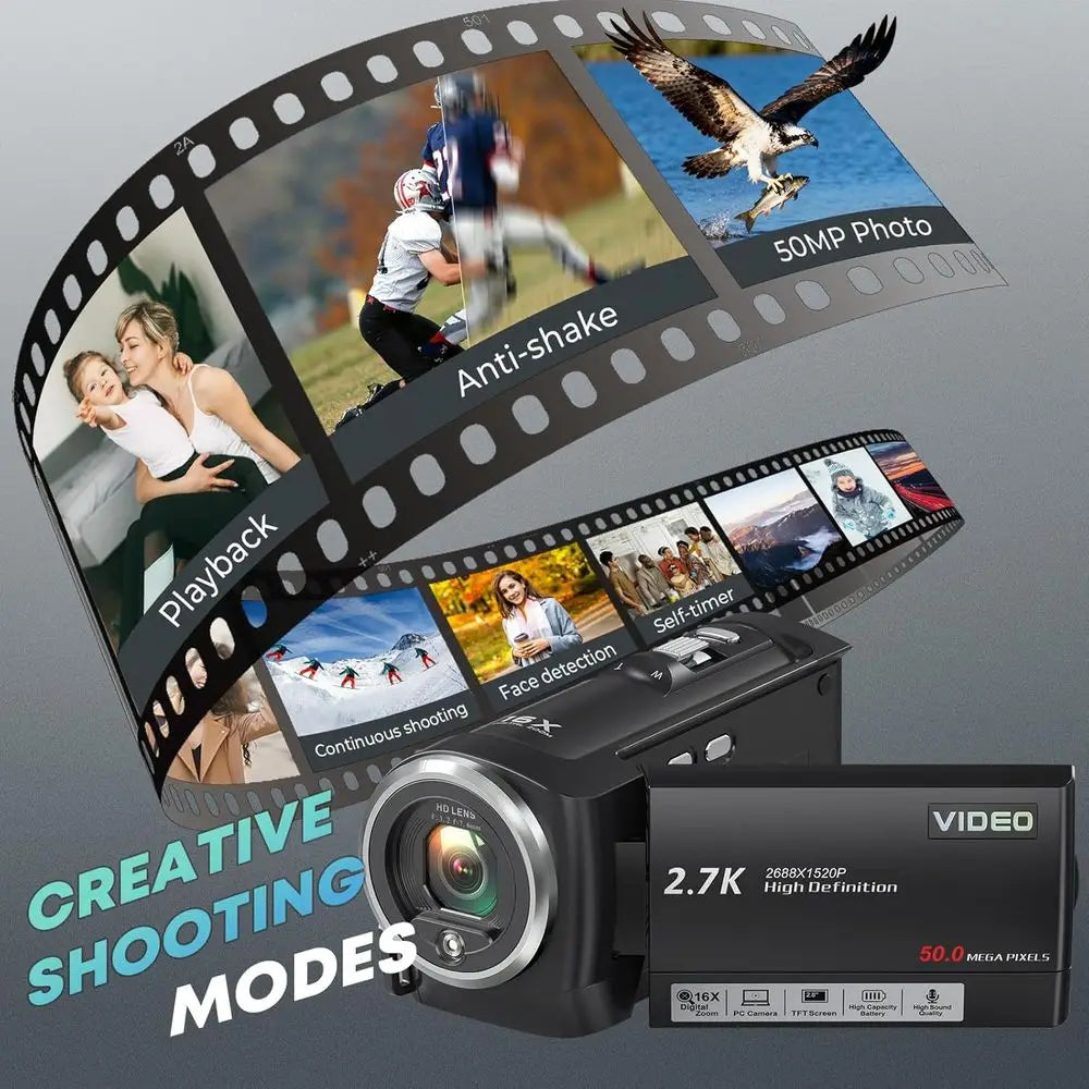 QHD 2.7K Video Camcorder with 56MP, 16X Zoom, 270° Rotation, 32GB SD Card, Dual Batteries, Recording While Charging