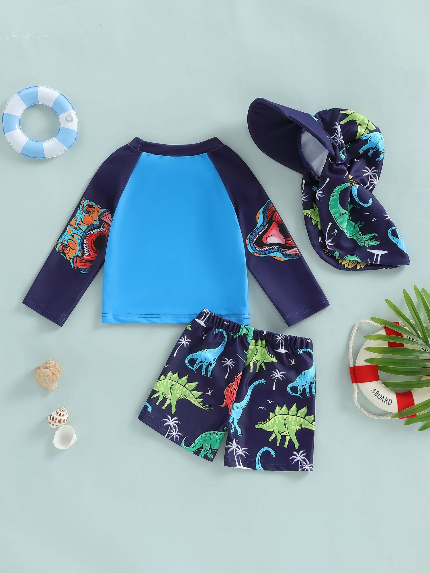 Toddler Boy  Swimsuit Long Sleeve Shark Print Rash Guard Bathing Suit Swimwear with Sun Hat for Kids