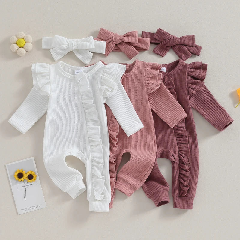 0-12M Newborn Infant Baby Girl Clothes Ruffle Zipper Romper Long Sleeve Jumpsuit Fall Winter Clothes