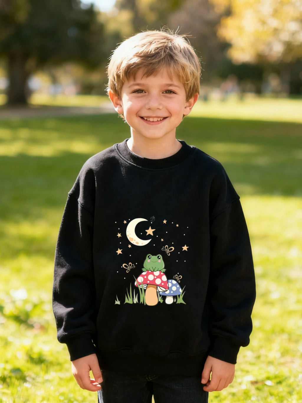 Kids Children's Cotton T-Shirt Frog on Mushroom with Moon and Stars for Boys Girls Fairy Tale Style Magical Forest Theme