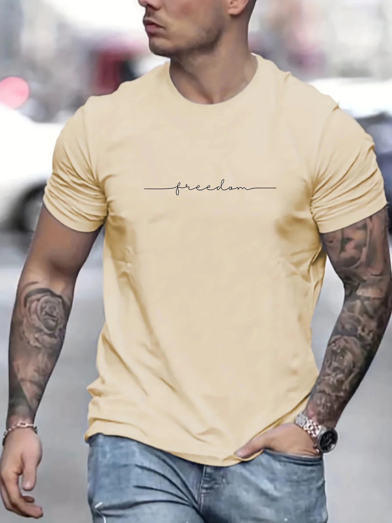Men's Summer Loose Size 100% Cotton Freedom Graph Print Casual Slim Fit Round Neck T-shirt