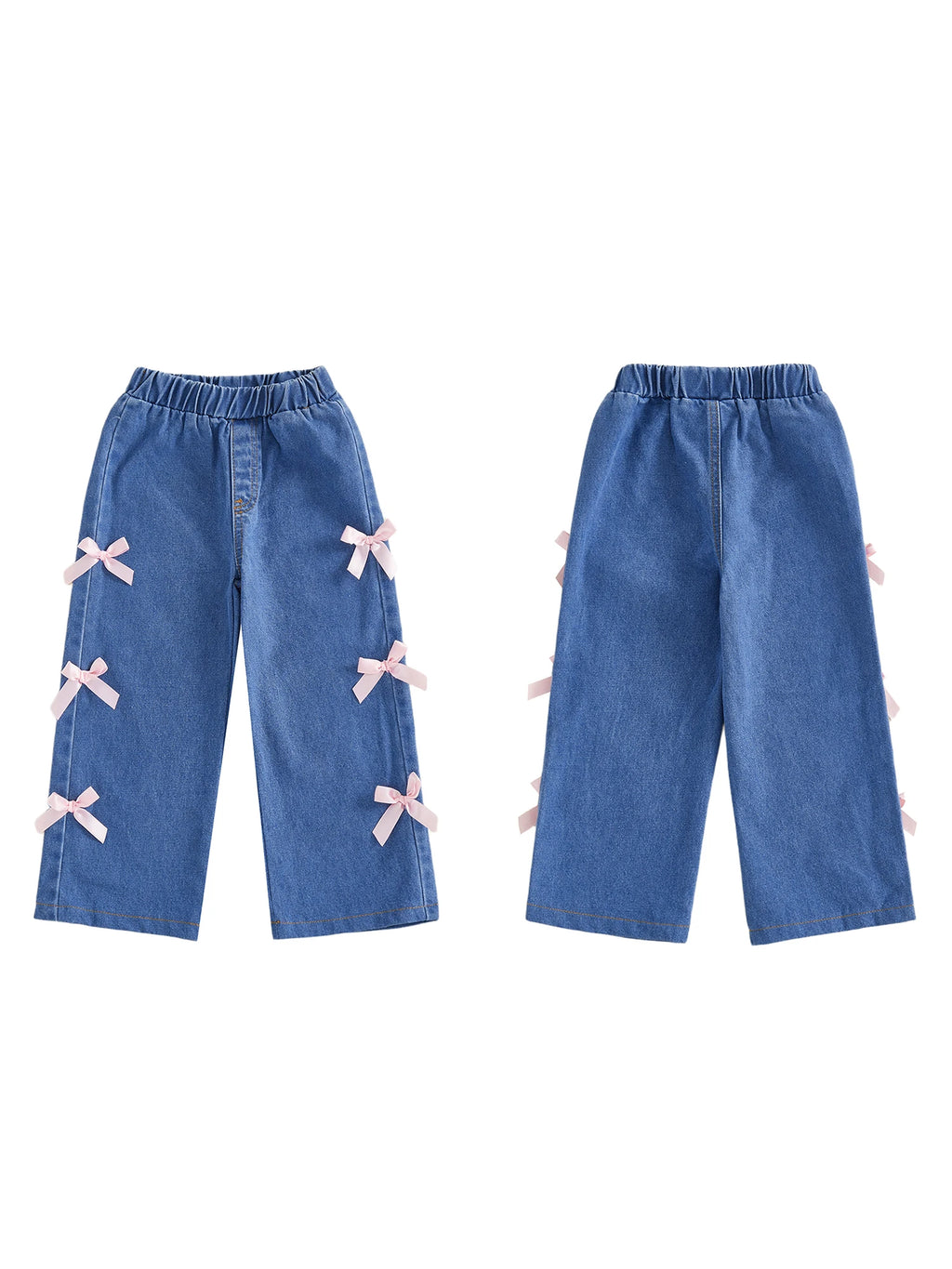 Girls Elastic Waist Denim Jeans with 3D Bow Detailing and Wide Leg Design for Stylish Summer and Fall Looks