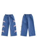 Girls Elastic Waist Denim Jeans with 3D Bow Detailing and Wide Leg Design for Stylish Summer and Fall Looks