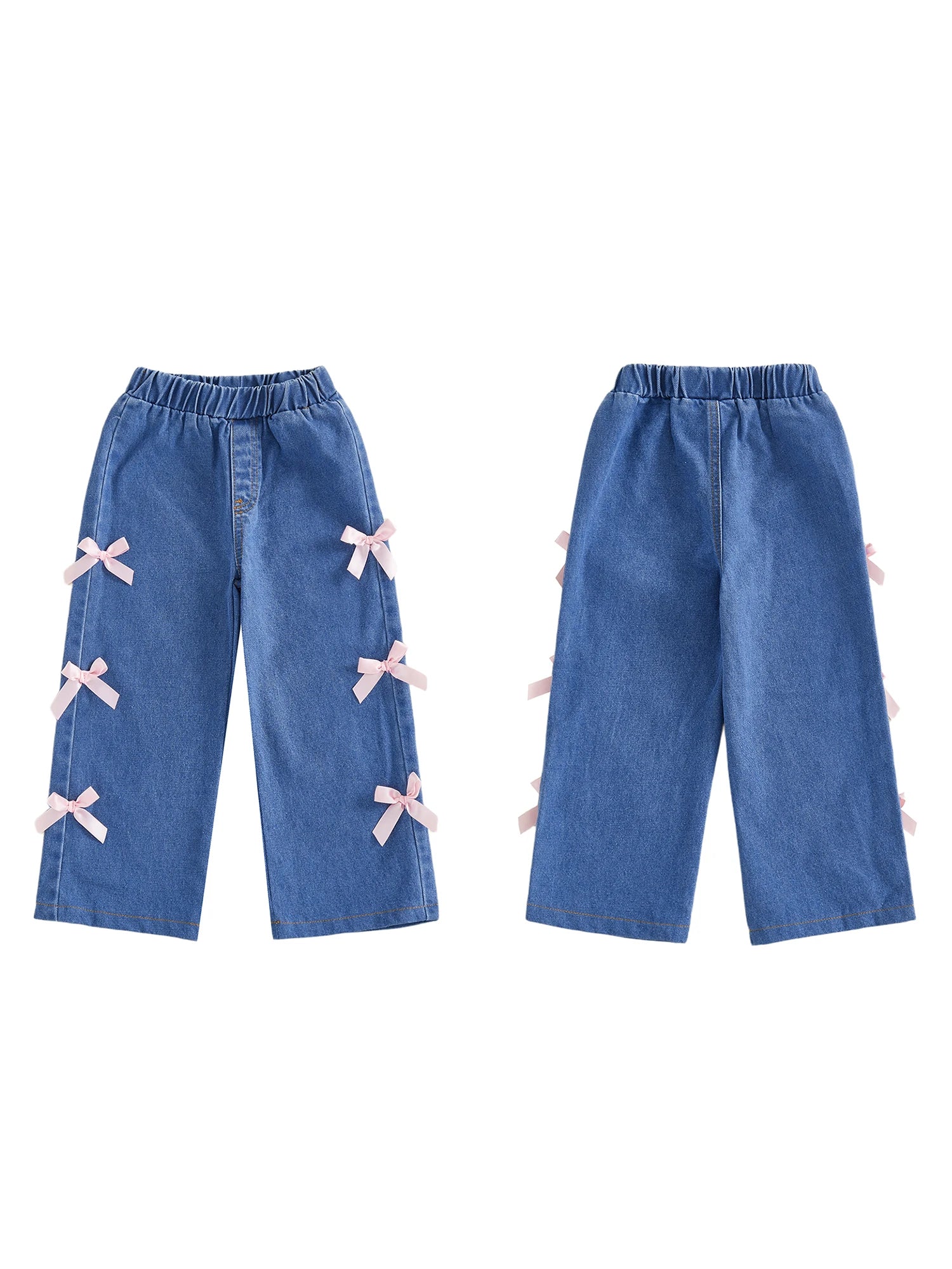 Girls Elastic Waist Denim Jeans with 3D Bow Detailing and Wide Leg Design for Stylish Summer and Fall Looks
