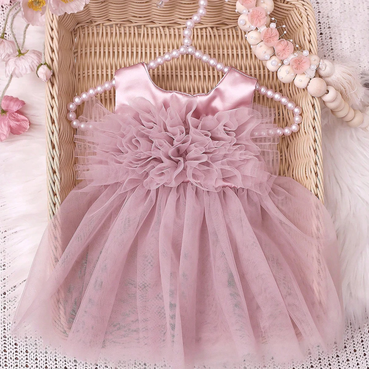 Newborn Girl Photography Dress Baby Dusty Pink Bowknot Mesh Dress With Floral Pearl Headband  Infant Photo Props