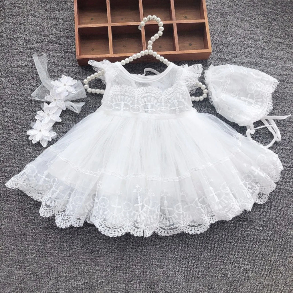 Newborn Baby Girls Princess Dress Infant Lace Crochet Tulle Dress O Neck Ruffled Sleeve Bubble Skirt Little Girl Ruffle Dress