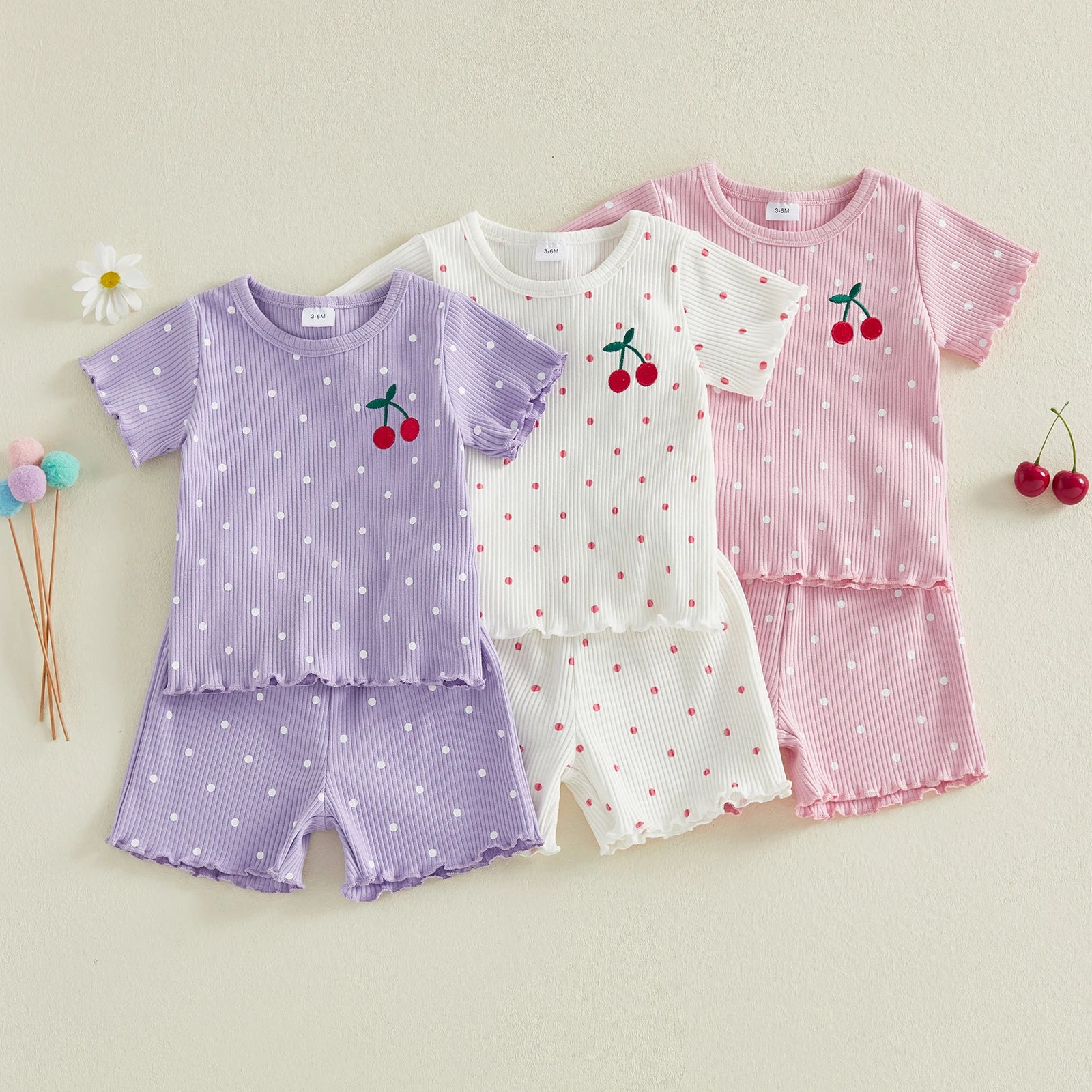 Summer Kids Girls Outfits Cherry Embroidery Short Sleeve Tops Shorts Clothes Set