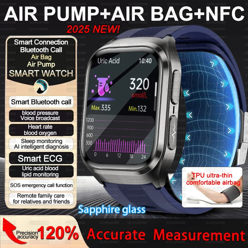 New Nursing Grade Air Bag Smart Watch Men Blood Fat ECG+PPG Blood Pressure Broadcast NFC HD BT Call Health Smart Watch Woman