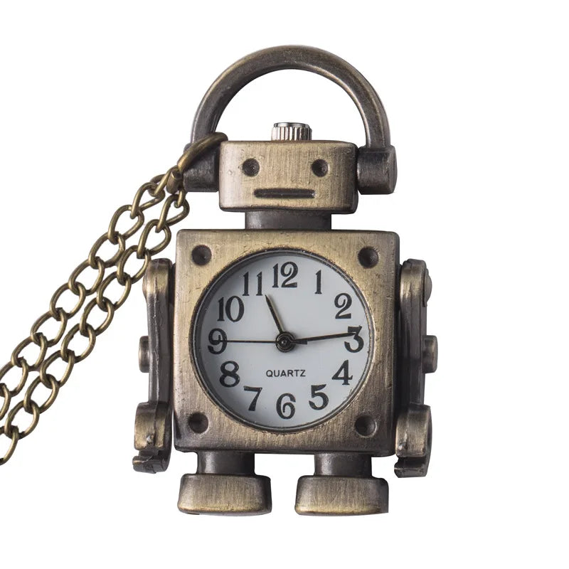 Vintage Robot Shape Pocket Watch with Cute Keychain Bag Charm