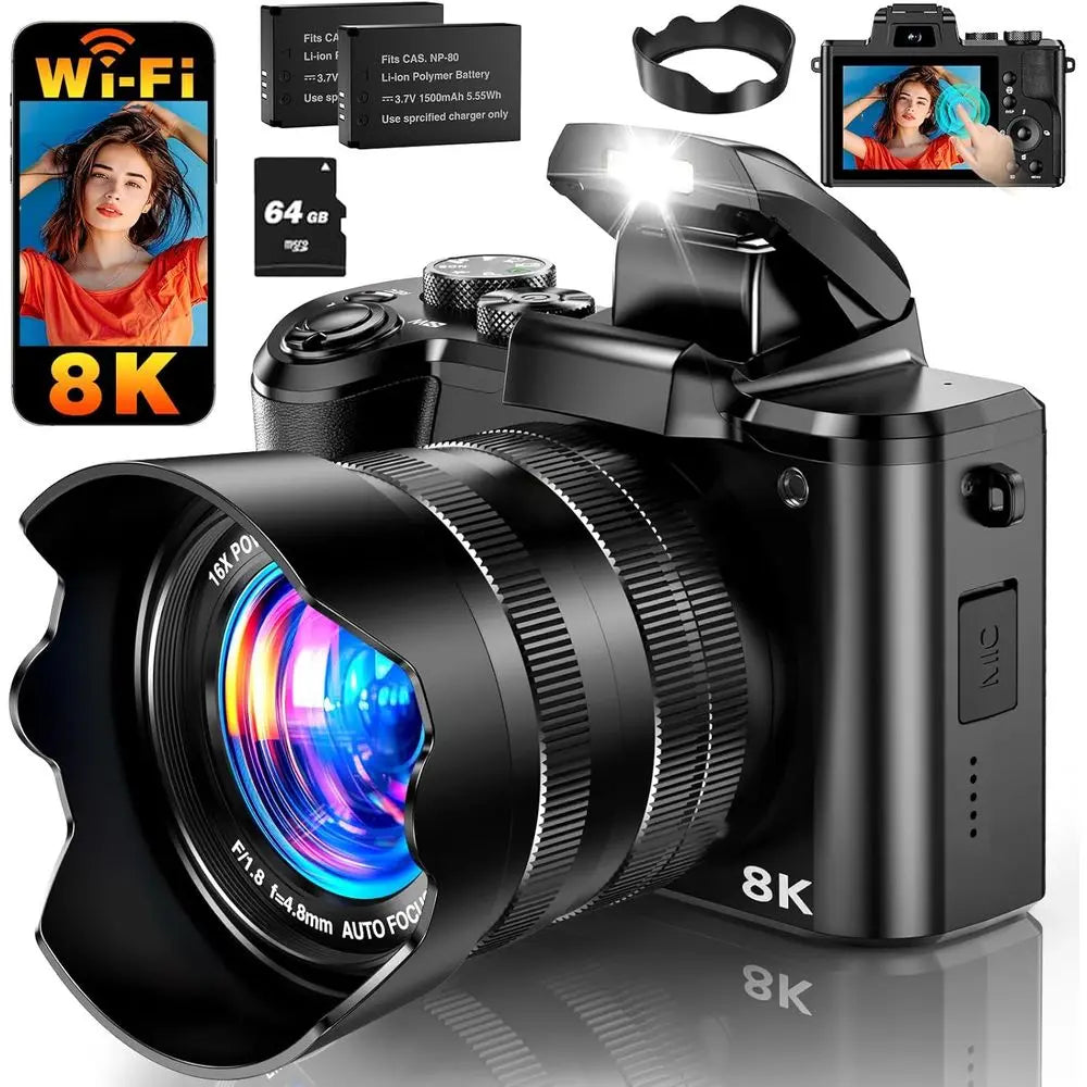 88MP Digital Camera with 3.2 Touchscreen, 16X Zoom, Dual Autofocus, Anti-Shake, 2 Batteries, 64GB Card, Flash, Lens Hood
