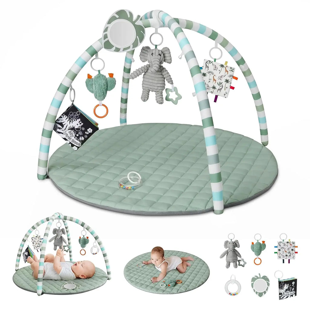 Baby Play Gym Mat with 6 Detachable Toys for Sensory Motor Skill Development, Easy Install Clean, Sage Green Gift