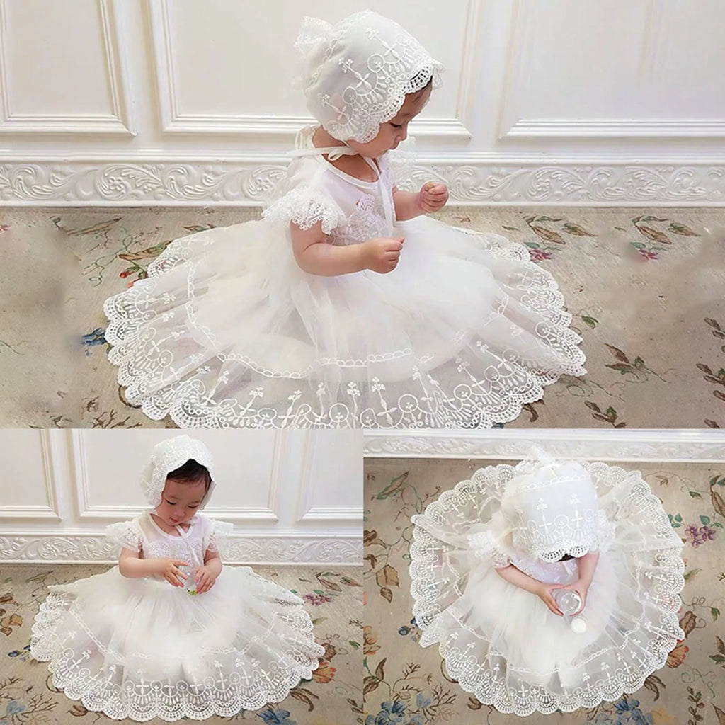 Newborn Baby Girls Princess Dress Infant Lace Crochet Tulle Dress O Neck Ruffled Sleeve Bubble Skirt Little Girl Ruffle Dress