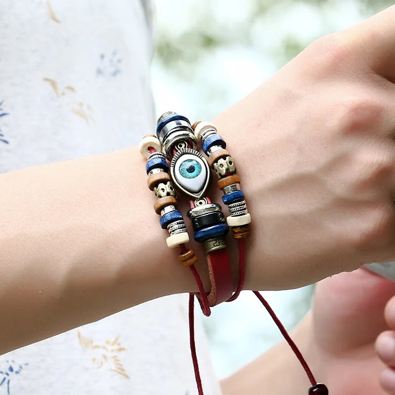 Cross-Border Trendy Jewelry New Beaded Eye Leather Bracelet Adjustable Couple Leather Bracelet American Jewelry