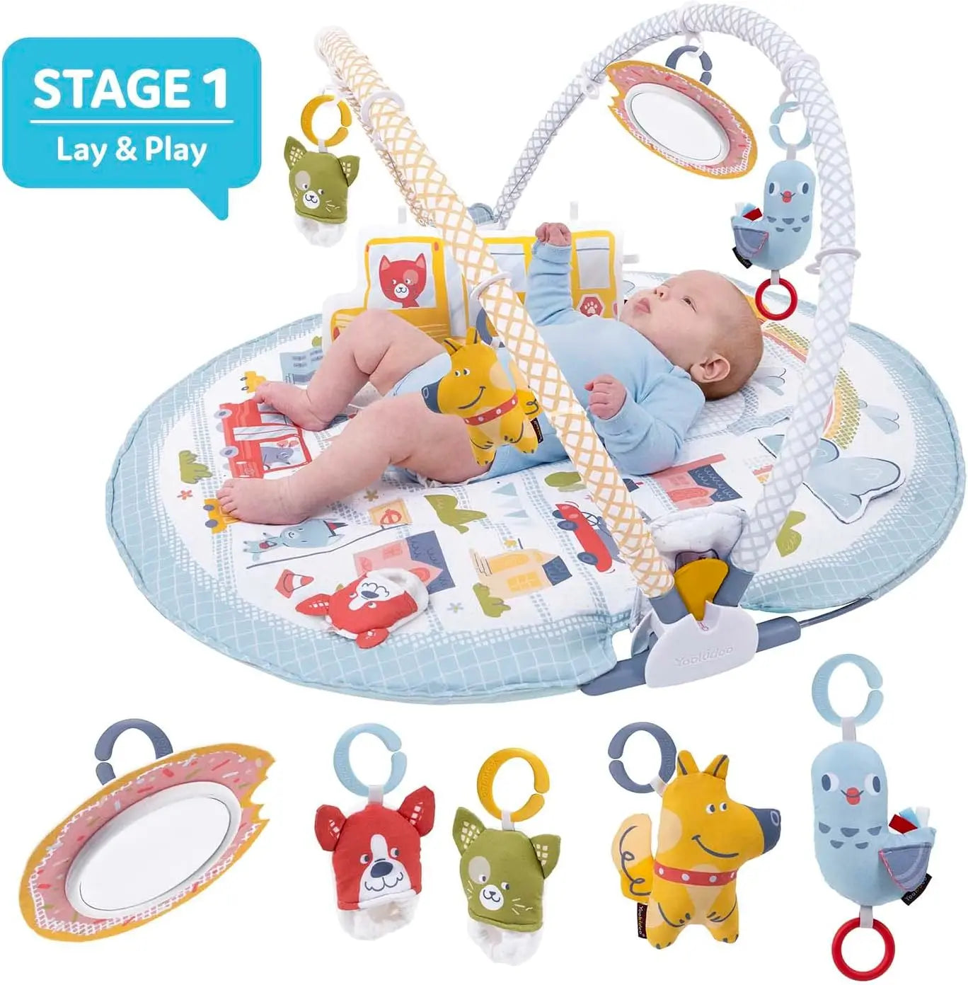 3-in-1 Baby Activity Gym Playmat with Tummy Time Toys & Mirror for Newborns 0-12 Months