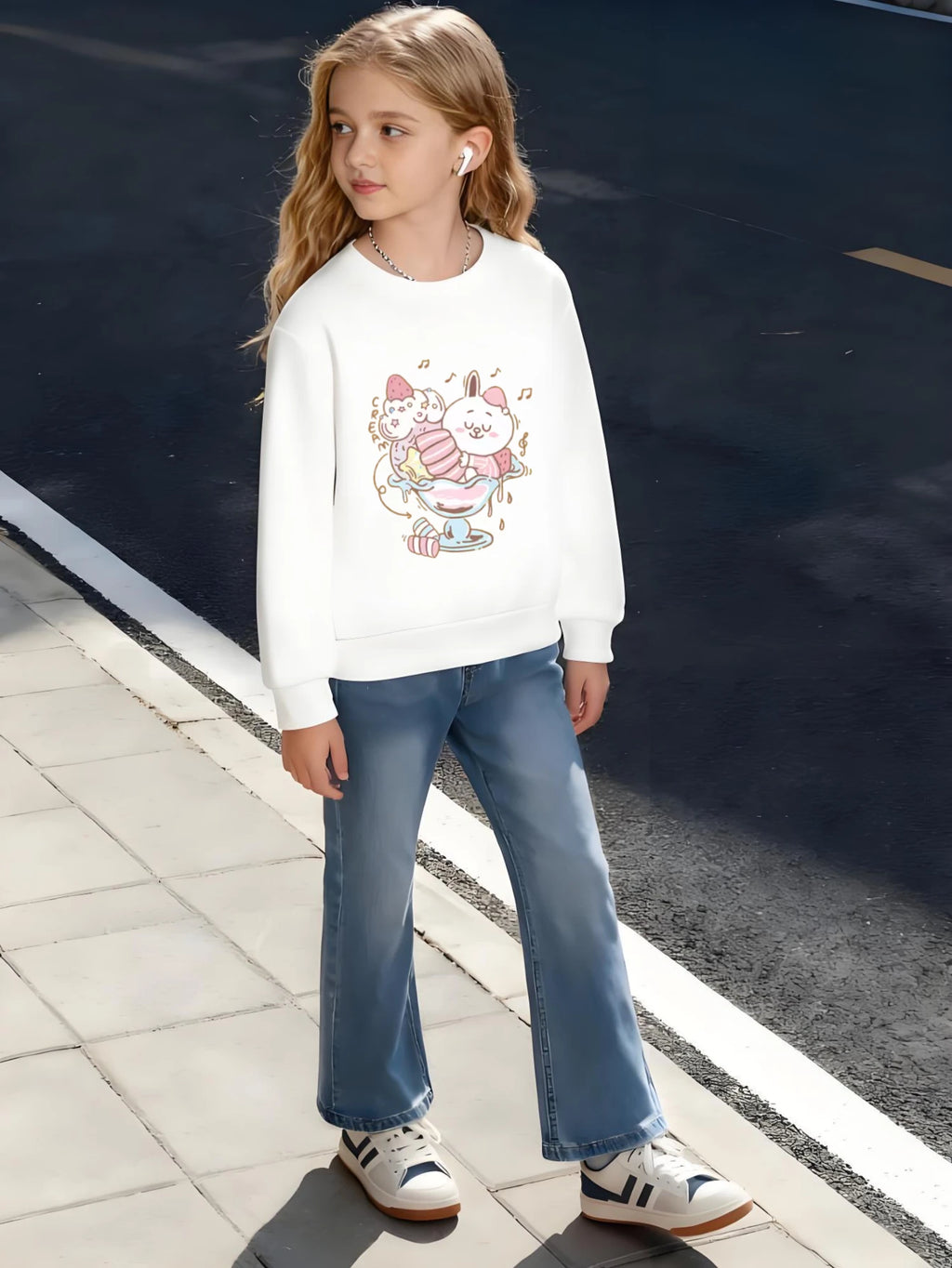 Children's Cotton Crewneck Sweatshirt Cream Ice Cream with Rabbit and Strawberry Design for Boys /Girls Soft Fleece Casual Wear