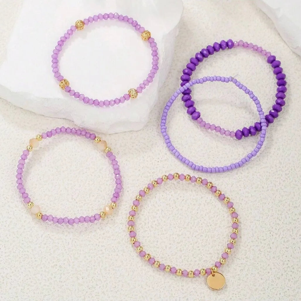 5 Piece Mixed Bead Bracelet Set, Alloy Pendant & Resin Crystal Stretch Bracelets, Fashion Stackable Jewelry for Women