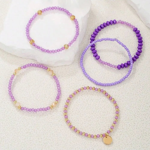 5 Piece Mixed Bead Bracelet Set, Alloy Pendant & Resin Crystal Stretch Bracelets, Fashion Stackable Jewelry for Women