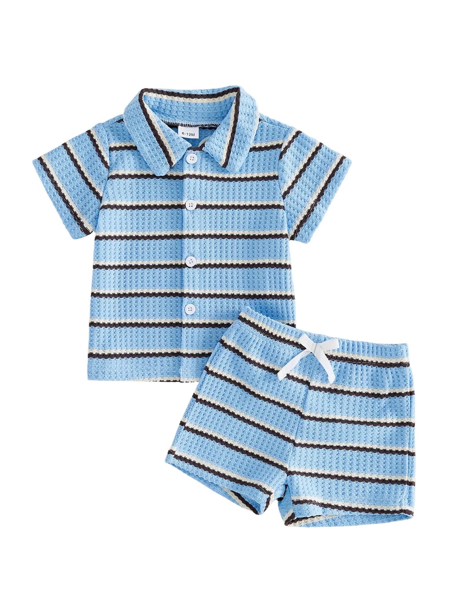 2Pcs Baby Boy Casual Wear Short Sleeve Lapel Neck Striped Print Waffle Knit Tops and Elastic Waist Shorts Set for Summer