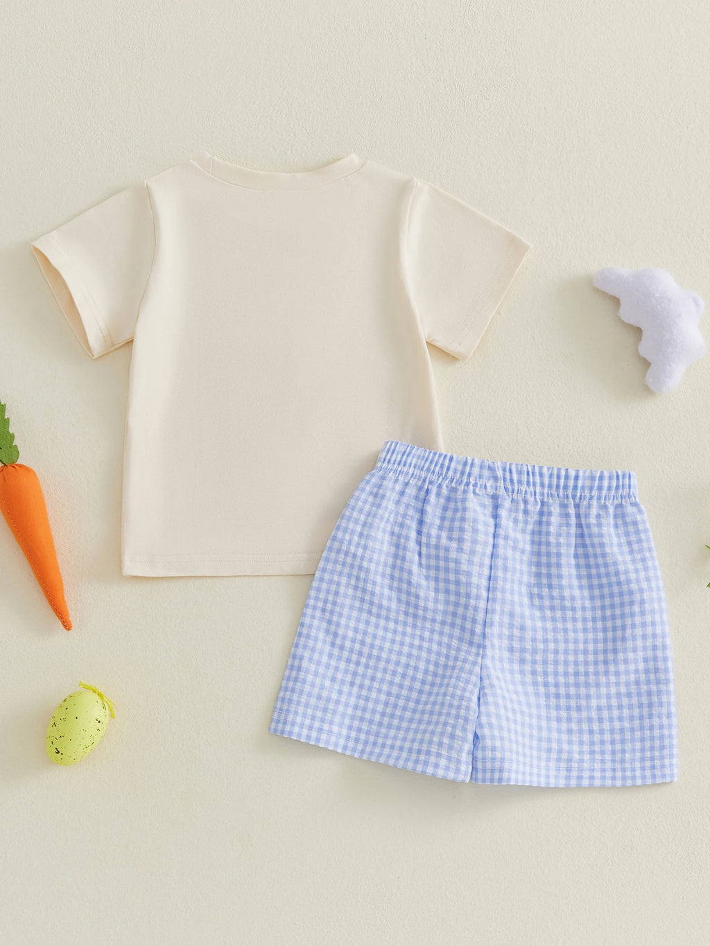 Cute Toddler Boys Easter Clothes Bunny Applique Short Sleeve Tee and Checkered Shorts Set for Spring Outfits