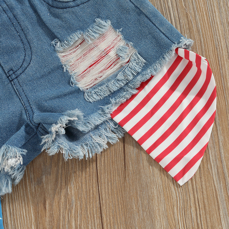 0-6 Years Toddler Baby Girl 2Pcs Independence Day Summer Clothing Set Knitting Vest Top Denim Shorts