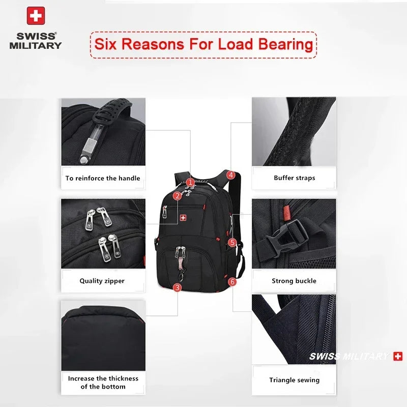 SWISS 17' Laptop Backpack Waterproof USB Charge Port Swiss-style Multifunctional Rucksack Schoolbag Mochila Hiking Travel Bag