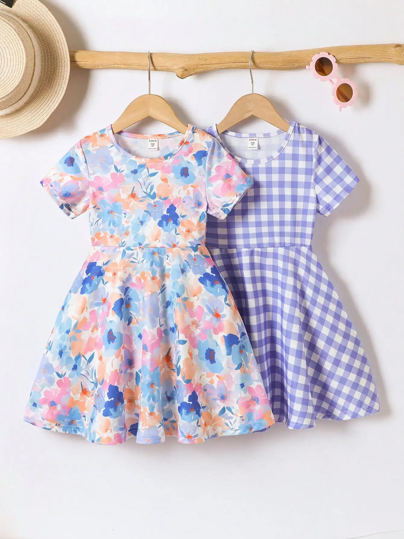 2-Pack Girls Short Sleeve A-Line Dresses with Rainbow & Heart Prints for Summer Casual Wear