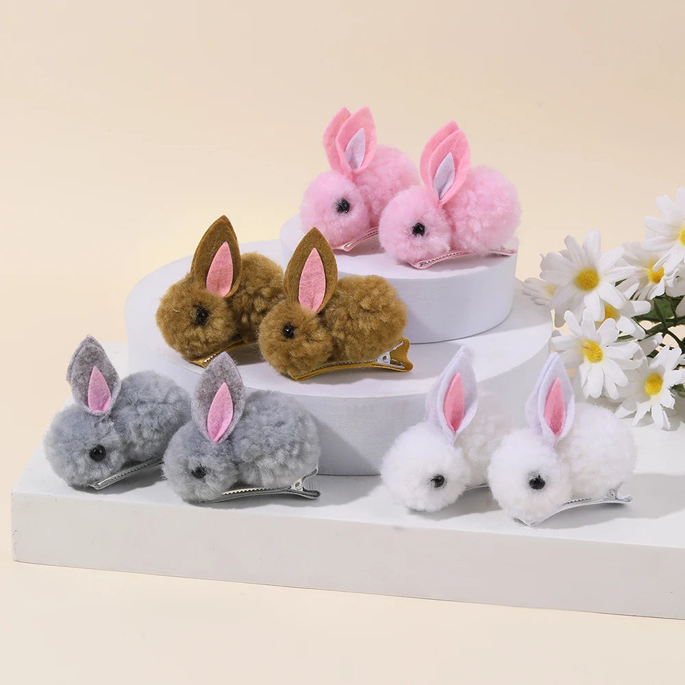 2Pcs Cute Bunny Hair Clips 3D Soft Hairball Plush Rabbit Hairpins For Baby Girls Children Headwear Ornaments Accessories Gifts